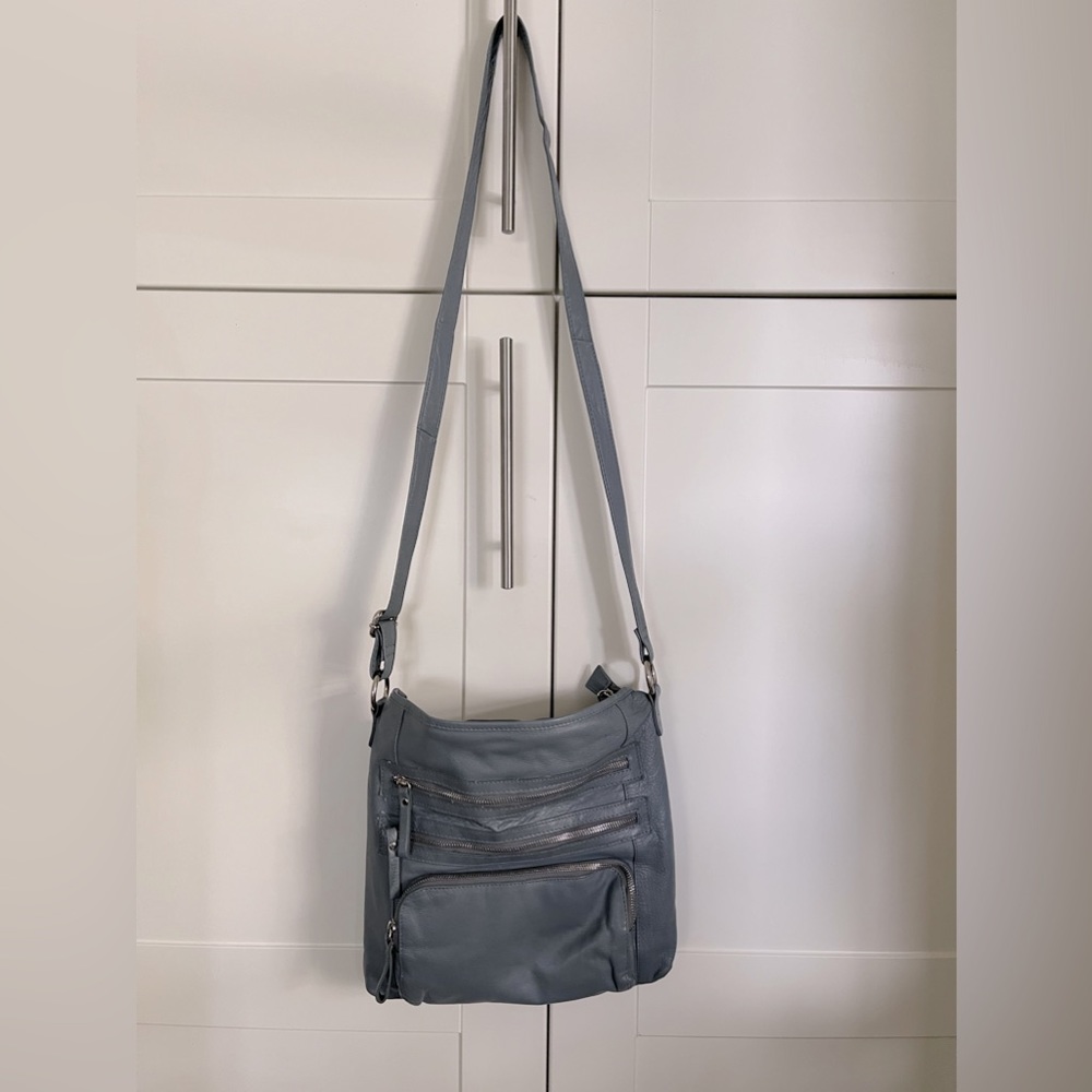 Denim blue leather crossbody purse